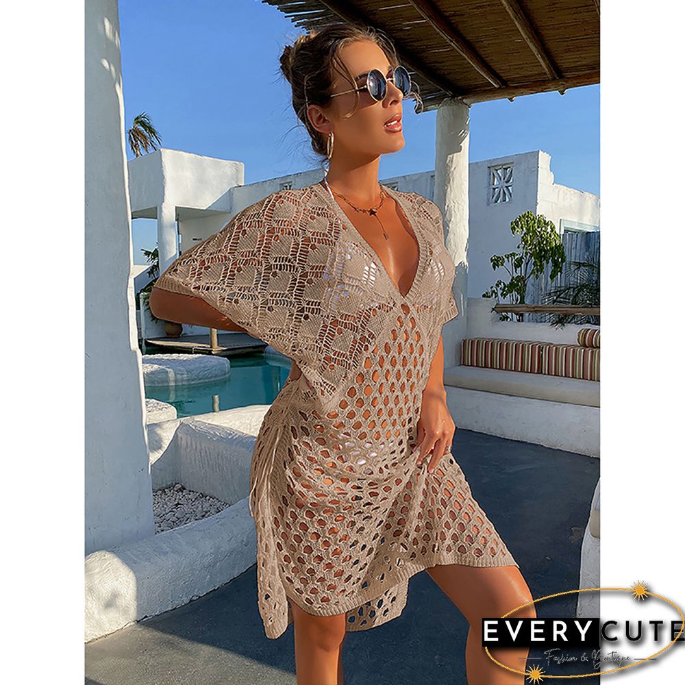 Khaki Hollow Out V Neck Pullover Cover Up Beach Dress