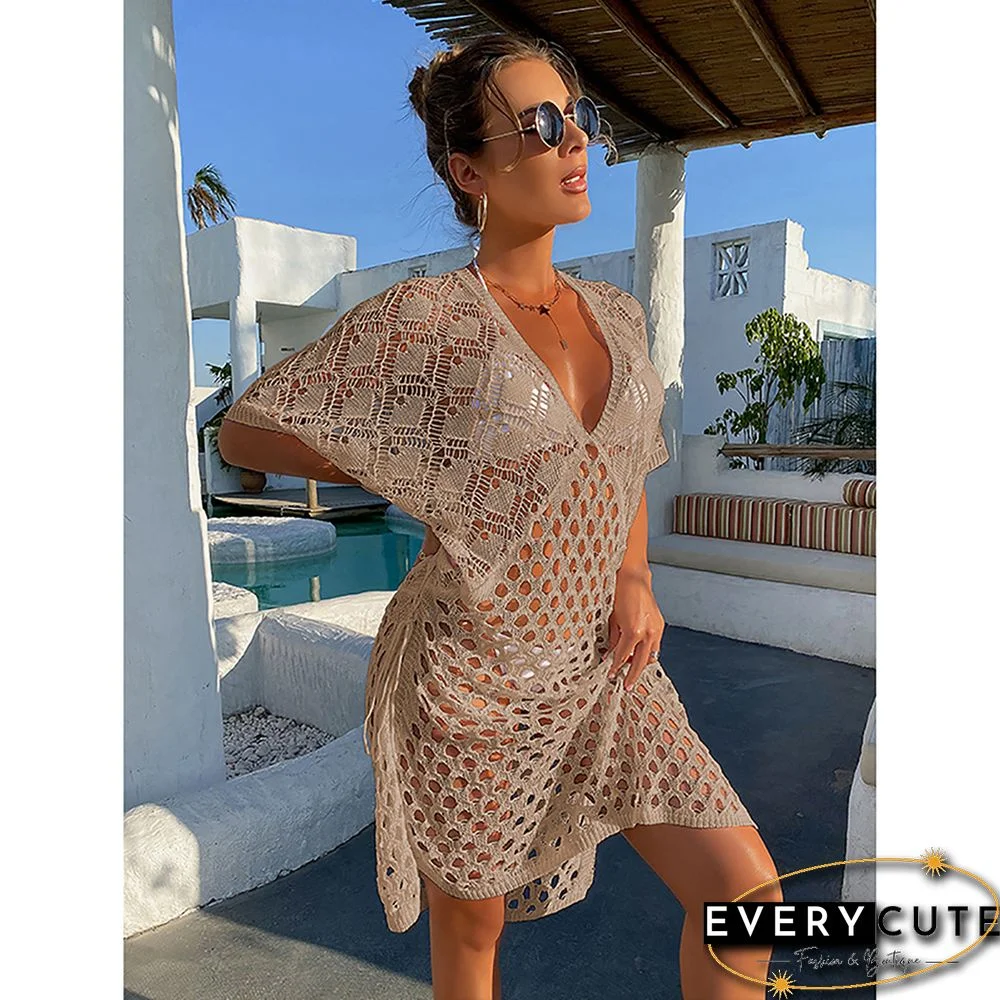 Khaki Hollow Out V Neck Pullover Cover Up Beach Dress