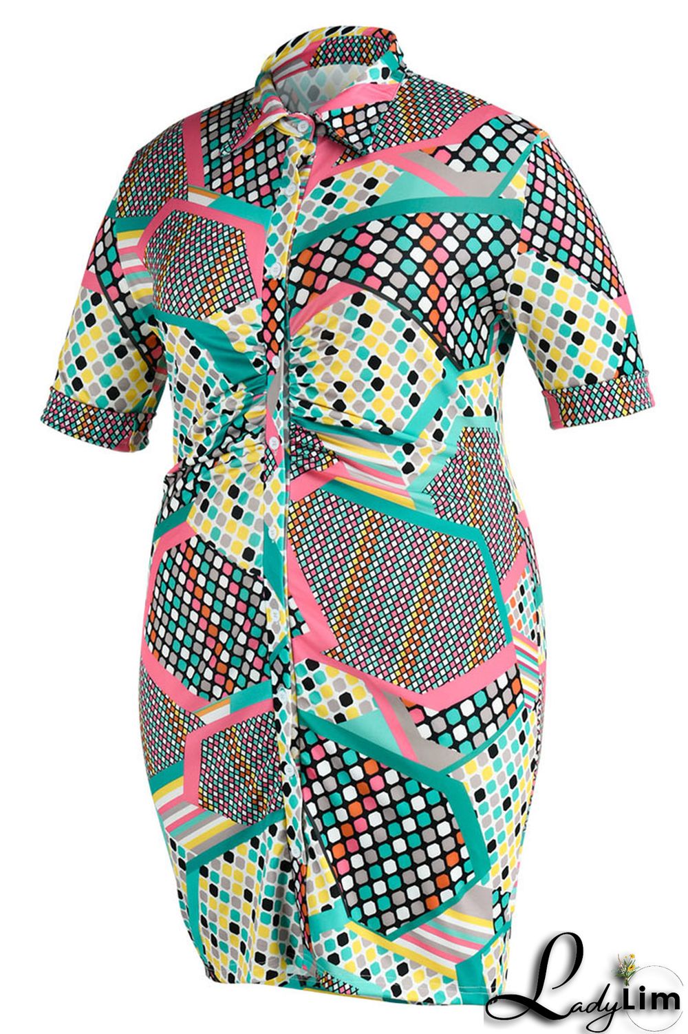 Blue Casual Print Patchwork Buckle Turndown Collar Shirt Dress Plus Size Dresses