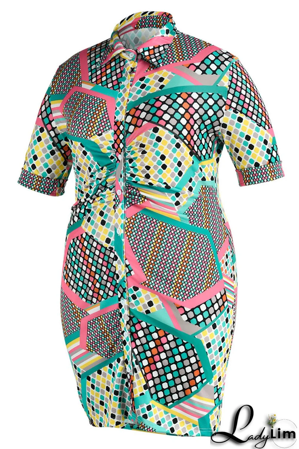 Blue Casual Print Patchwork Buckle Turndown Collar Shirt Dress Plus Size Dresses