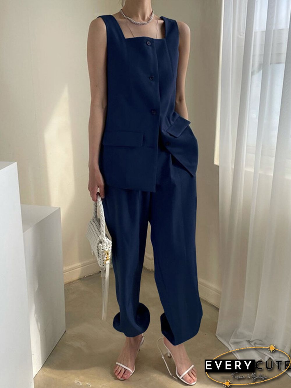 Pocket Details Square Collar Buttons Up Sleeveless Suit