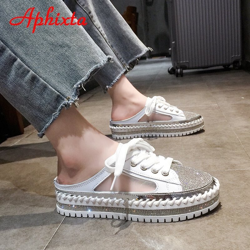 Aphixta 2021 New Flat Platform Breathable Air Mesh Half Slippers Women Summer Bling Crystals Lace-up Shoes Slides Plus Size 43