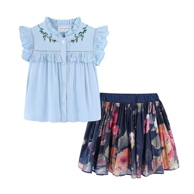 Mudkingdom Boutique Girls Outfits Ruffle Blouse and Floral Skirt Set Children Clothes Pink Tops and Skirt Suit Big Girl 2Pcs Set