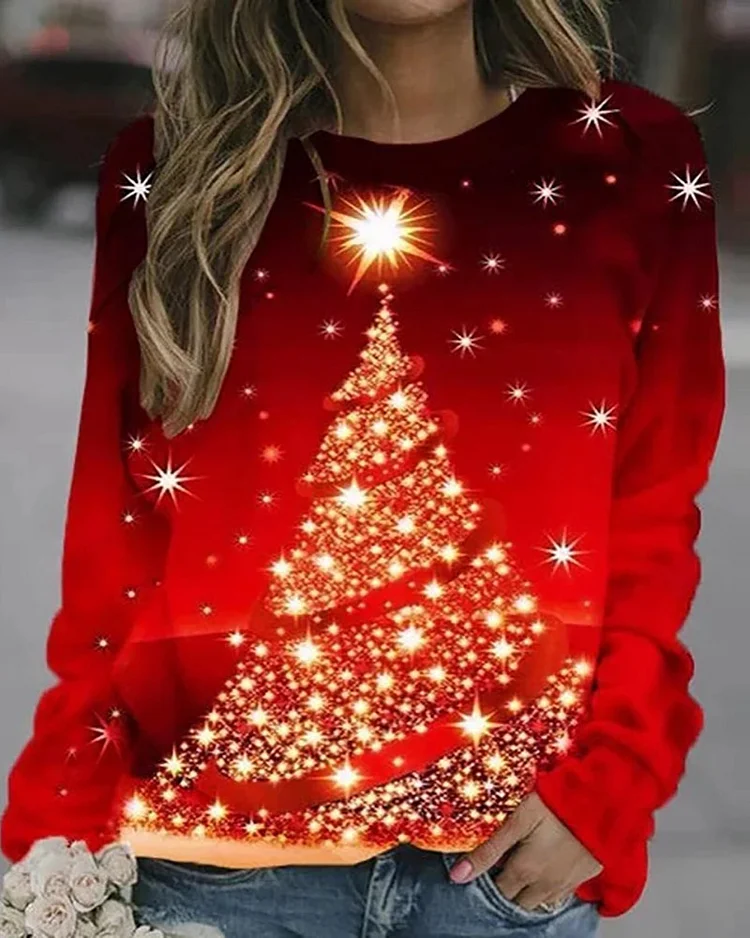 Christmas Tree Print Long Sleeve Sweatshirt P5043864890