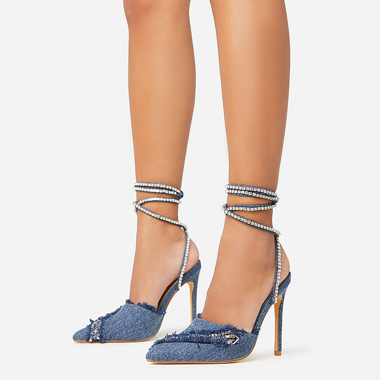 Blue Denim Pointed Toe Rhinestone Pumps Ankle Strap Mule Heels  |FSJ Shoes