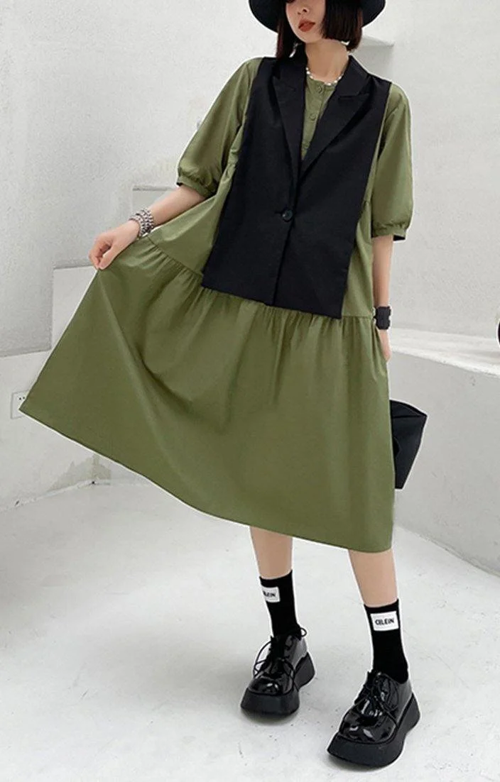 Grass Green Detachable Vest Dress Two Piece Suit
