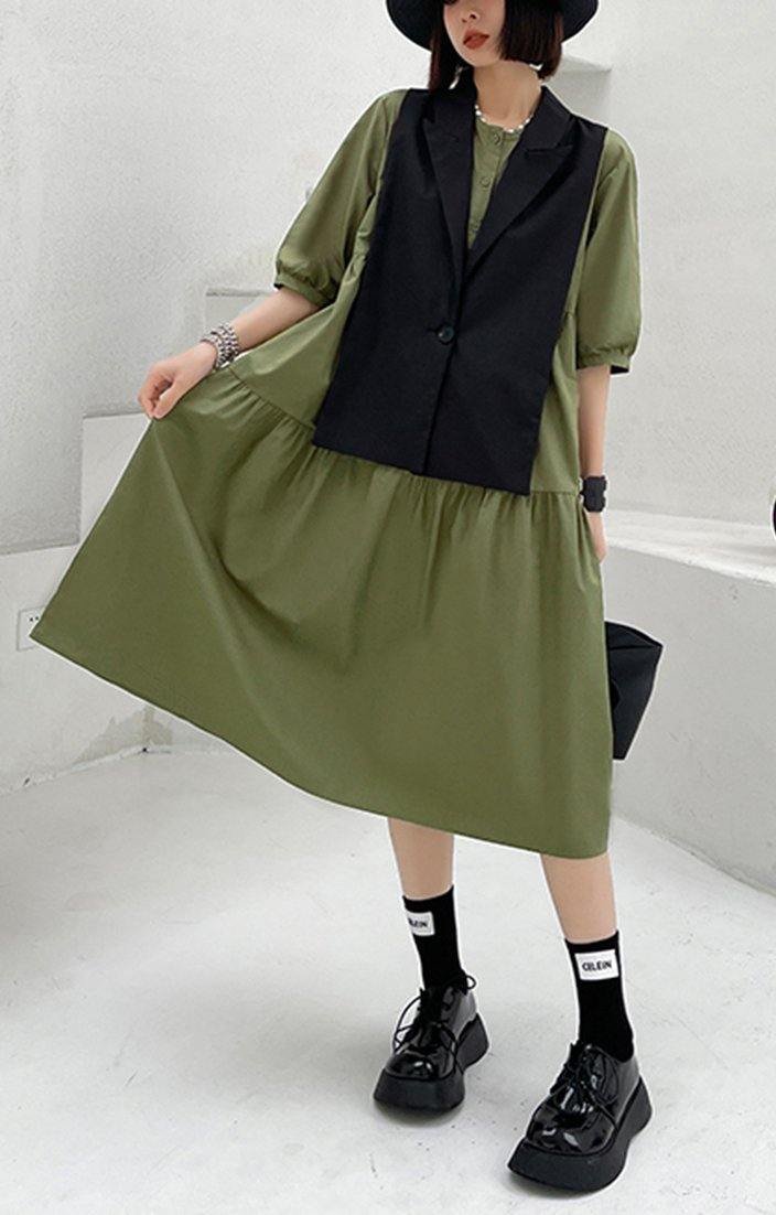 Grass Green Detachable Vest Dress Two Piece Suit
