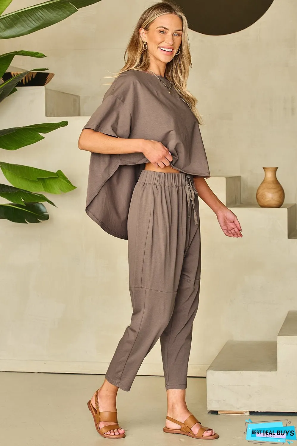 Simply Taupe High Low Boxy Fit Tee and Crop Pants Set