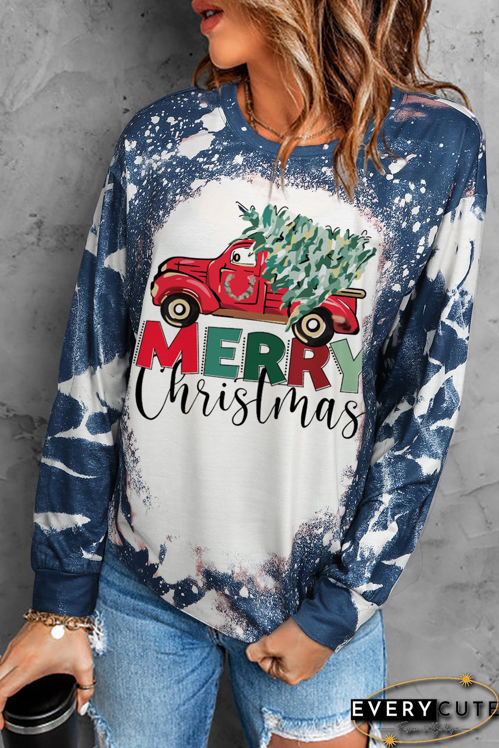 Multicolor MERRY Christmas Bleached Long Sleeve Top