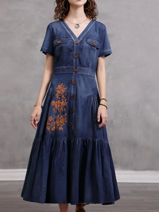 Women's Denim Embroidered Short Sleeve V-neck Maxi Dress