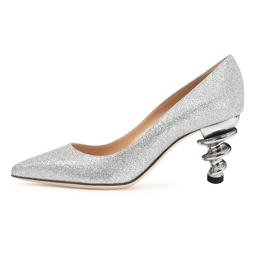 Shiny Silver Pointed Toe Slip-On Spiral Heel Glitter Pumps Shoes