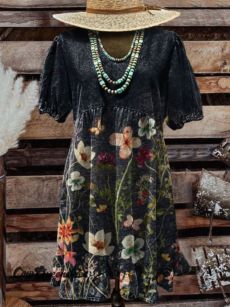 Vintage Floral Print Pocket Cotton Dress Multicolor / S