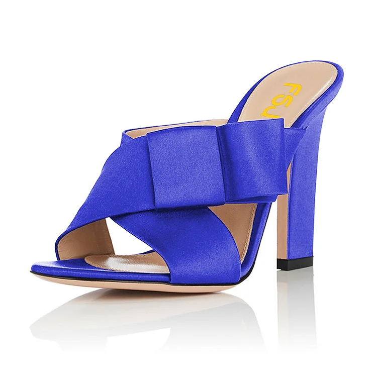 FSJ Royal Blue Satin Bow Mules Sandals Open Toe Office Chunky Heels |FSJ Shoes