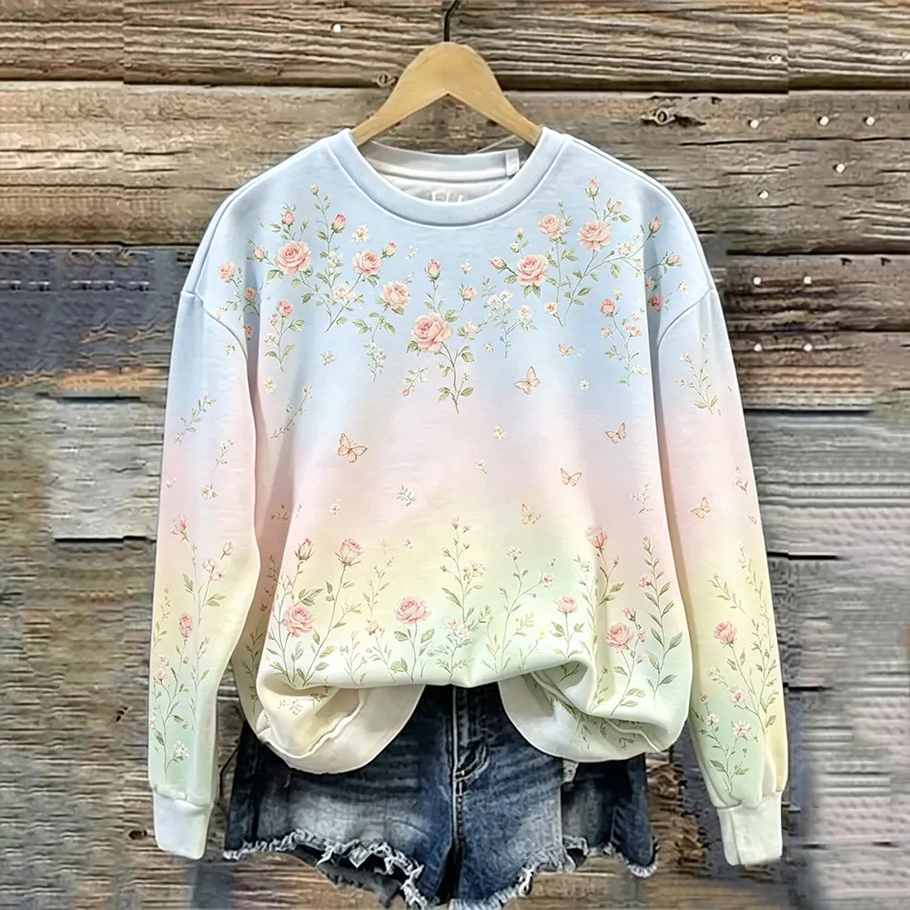 Comstylish Vintage Pink Floral And Butterfly Art Print Gradient Cotton Linen Crew Neck Top