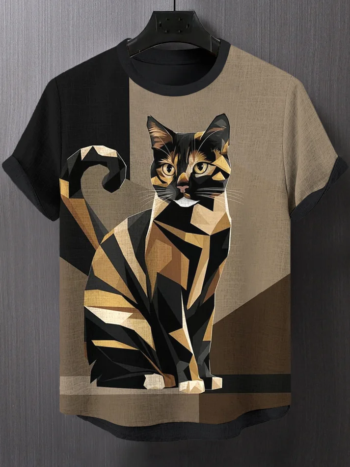 Men's Colorblocks Cat Art Print T-Shirt