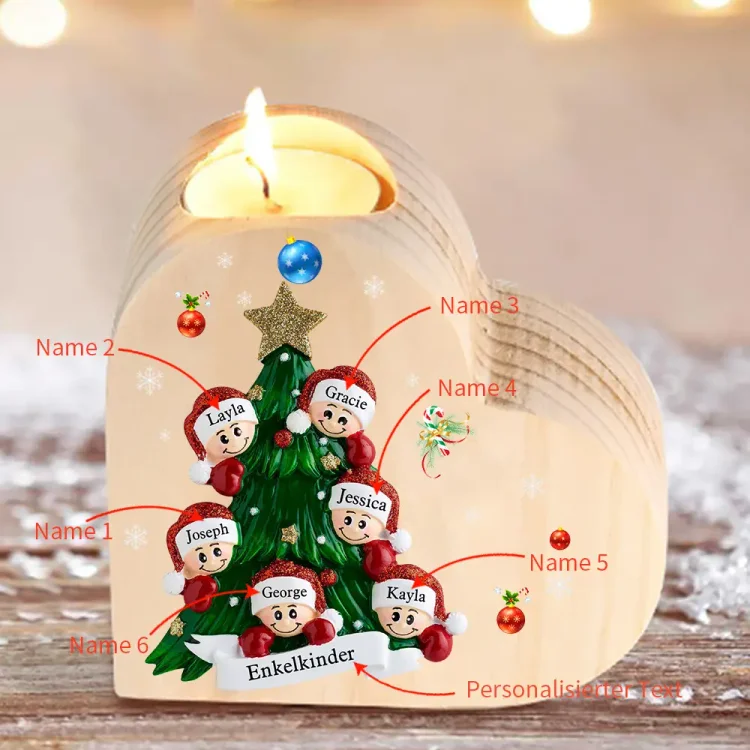 Herzform Kerzenhalter Personalisierte 6 Namen & Text Weihnachtsbaum & 6 Kinder Kerzenhalter