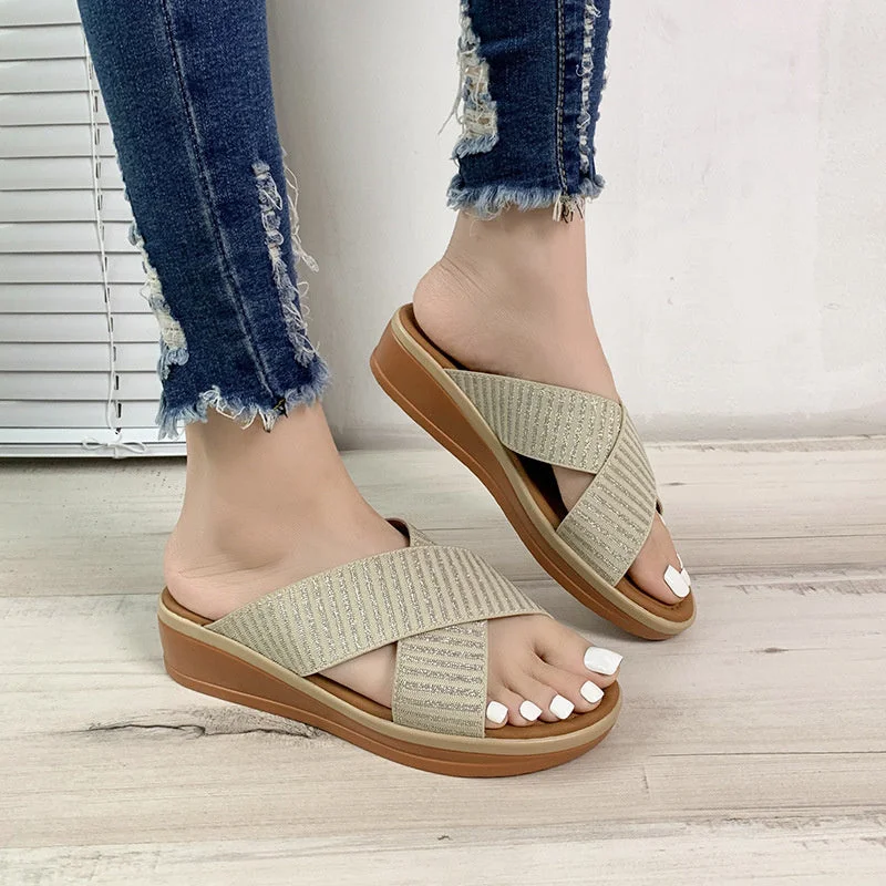 Women Casual Cross Strap Wedge Slippers