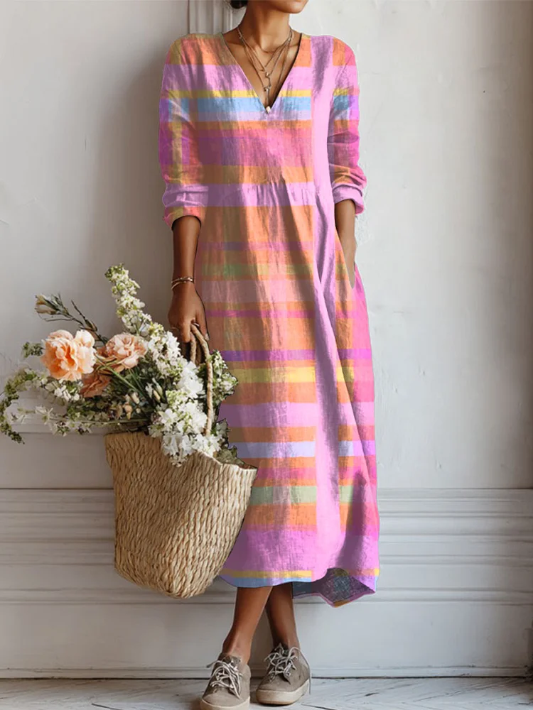 Women's Pink Vintage Abstract Plaid Art Print Linen Pocket Tunic Dress