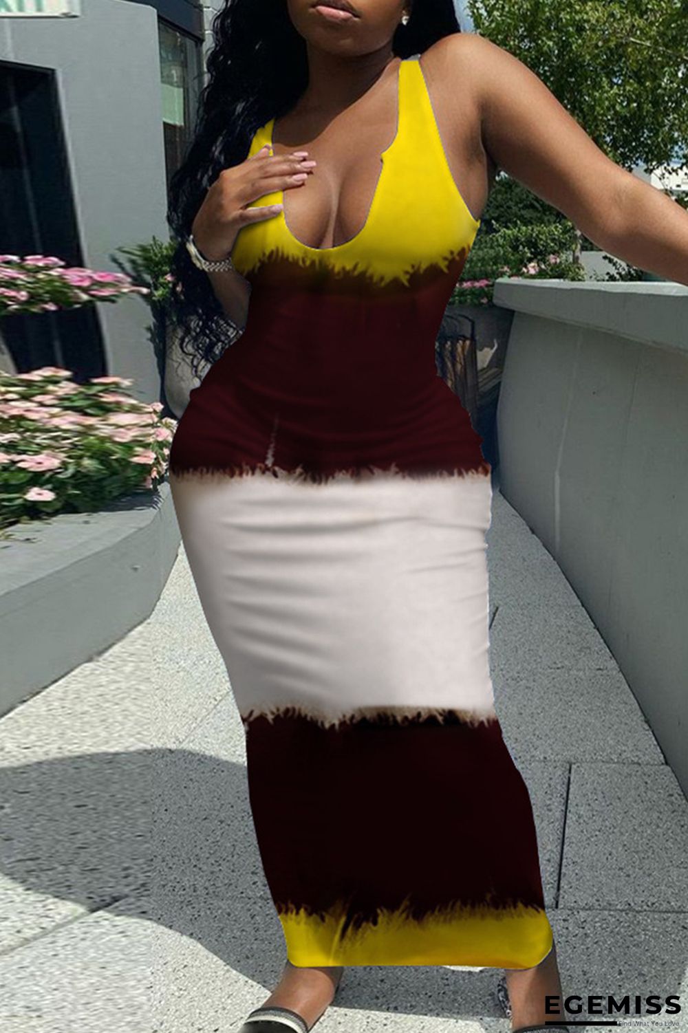 Yellow Fashion Sexy Print Basic U Neck Vest Dress | EGEMISS