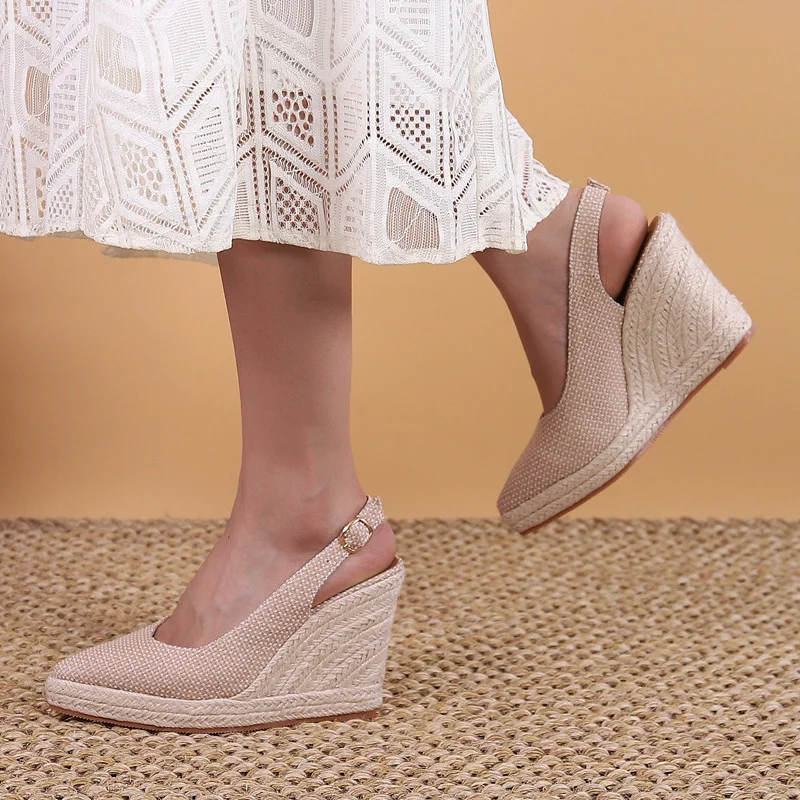 Wongn Wongn Wedge Heel Pointed Head Thick Bottom High Heel Head Drag Single Shoes Women's Straw Hemp Rope Bottom