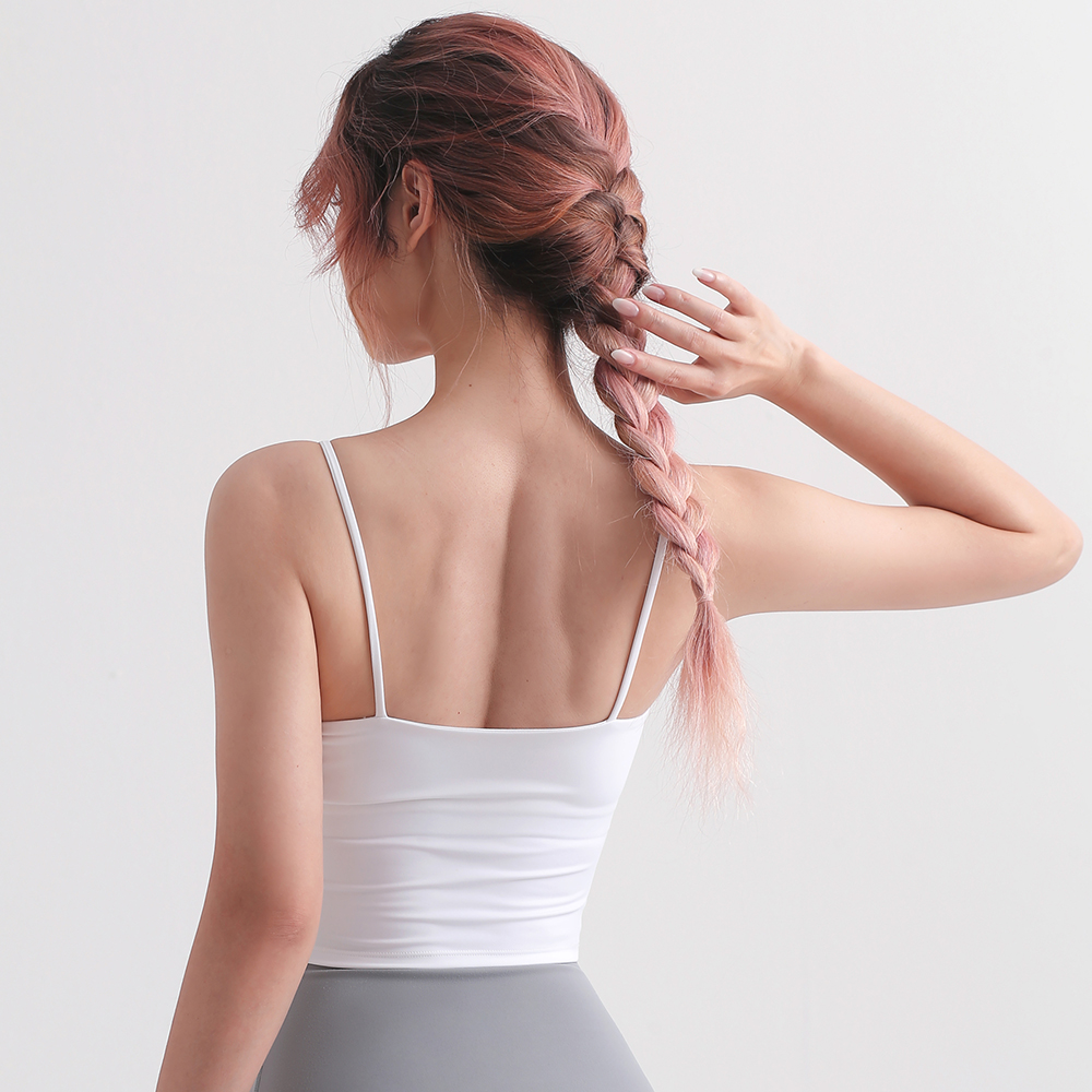 Hergymclothing White open back thin straps lycra camisole sports bra vest with removable pads online shopping