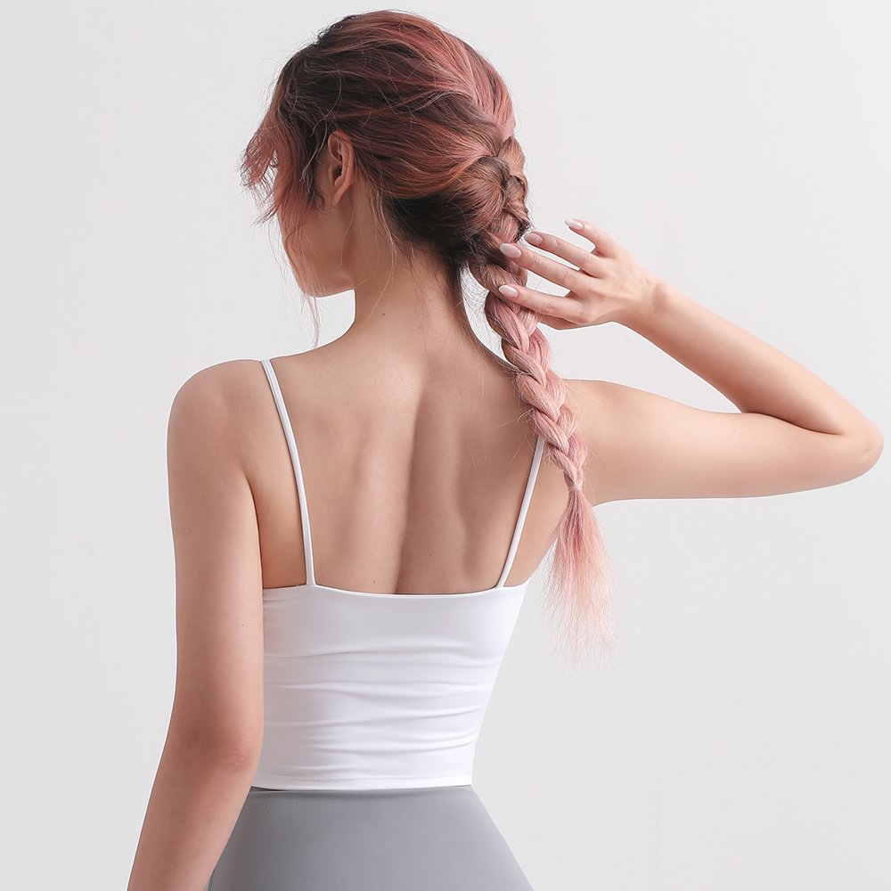 Hergymclothing White open back thin straps lycra camisole sports bra vest with removable pads online shopping