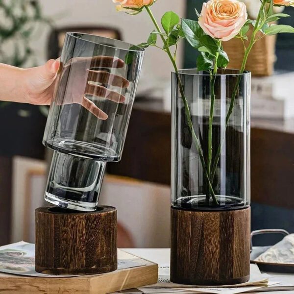 Minimalist Glass Vase with Wooden Base – Elegant Hydroponic Planter