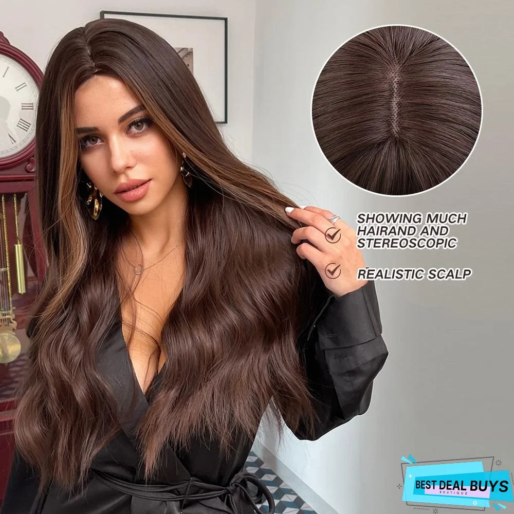 Long Wavy Synthetic Wigs Ombre Brown Middle Part For Women
