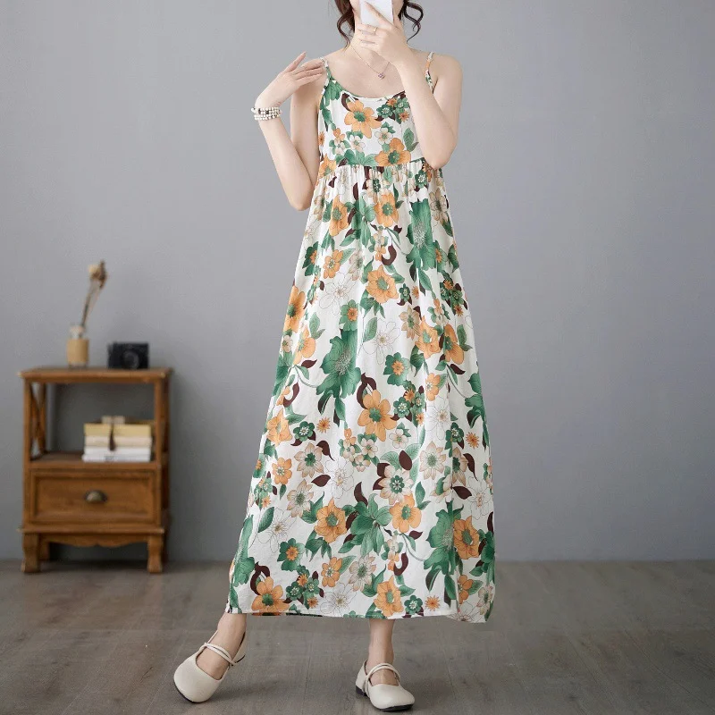 Uveng Uveng Summer New Literary And Art Large Print Cotton Dress Women's National Style Sleeveless Slings Long Skirt
