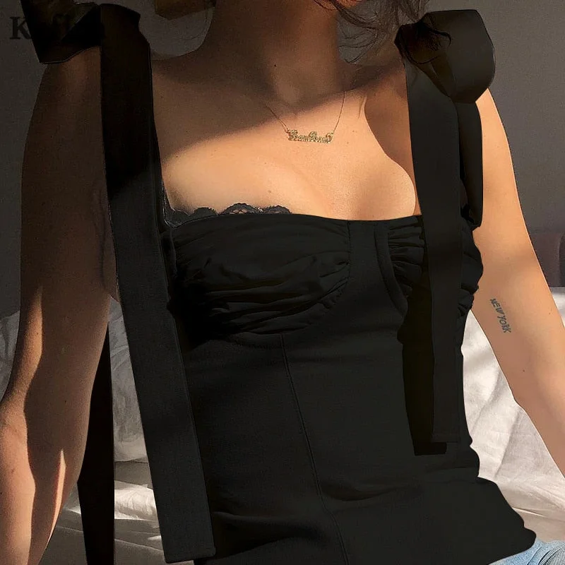 Jacuqeline Vintage White Lace Up Fairy Tank Top Women Chiffon Black Backless Slim Crop Top Fashion Street  Summer Clothing