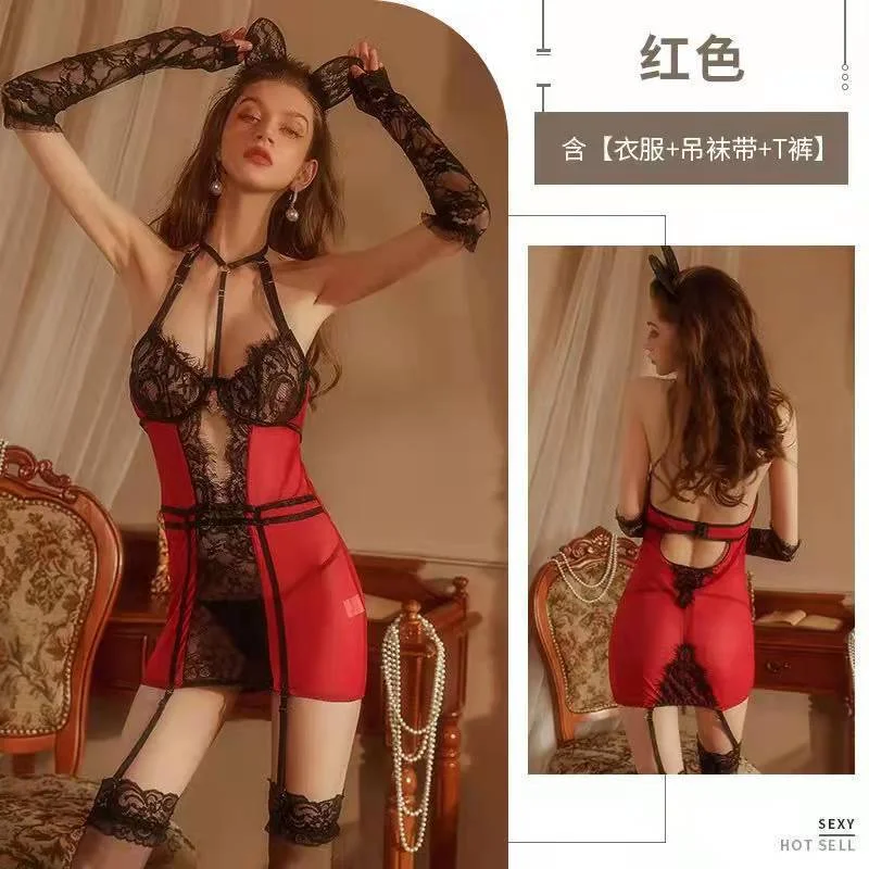 Uveng Insight Sexy Transparent Tender Strapped Garter Passion Clothes Seduction Uniform Passion Set