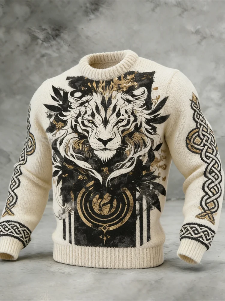 Nordic Lion & Celtic Knot Vintage Pattern Men's Knit Sweater