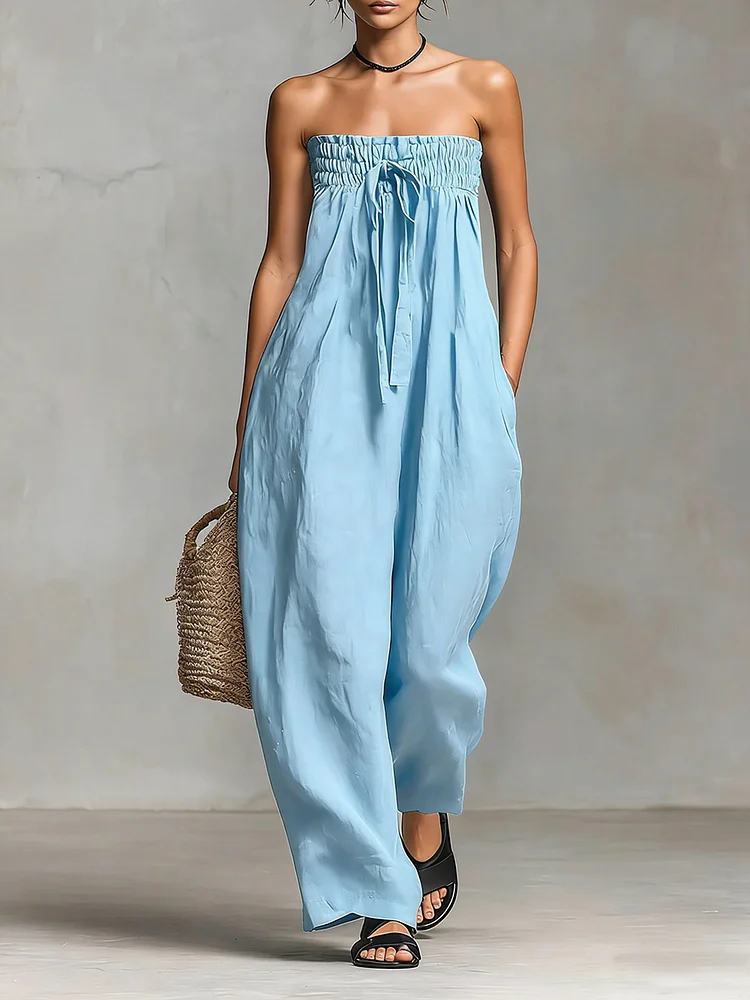 Women's Solid Color Strapless Casual Loose Cotton And Linen Jumpsuit