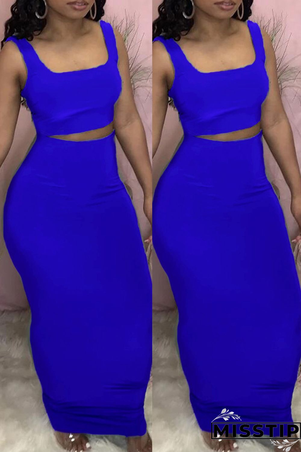 Light Blue Casual Solid Vests Square Collar Sleeveless Two Pieces