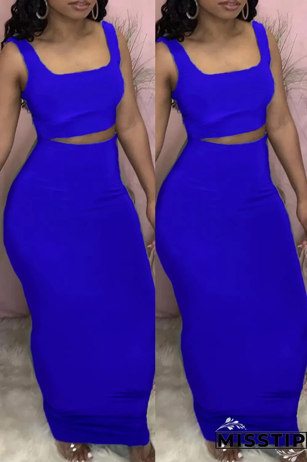 Light Blue Casual Solid Vests Square Collar Sleeveless Two Pieces