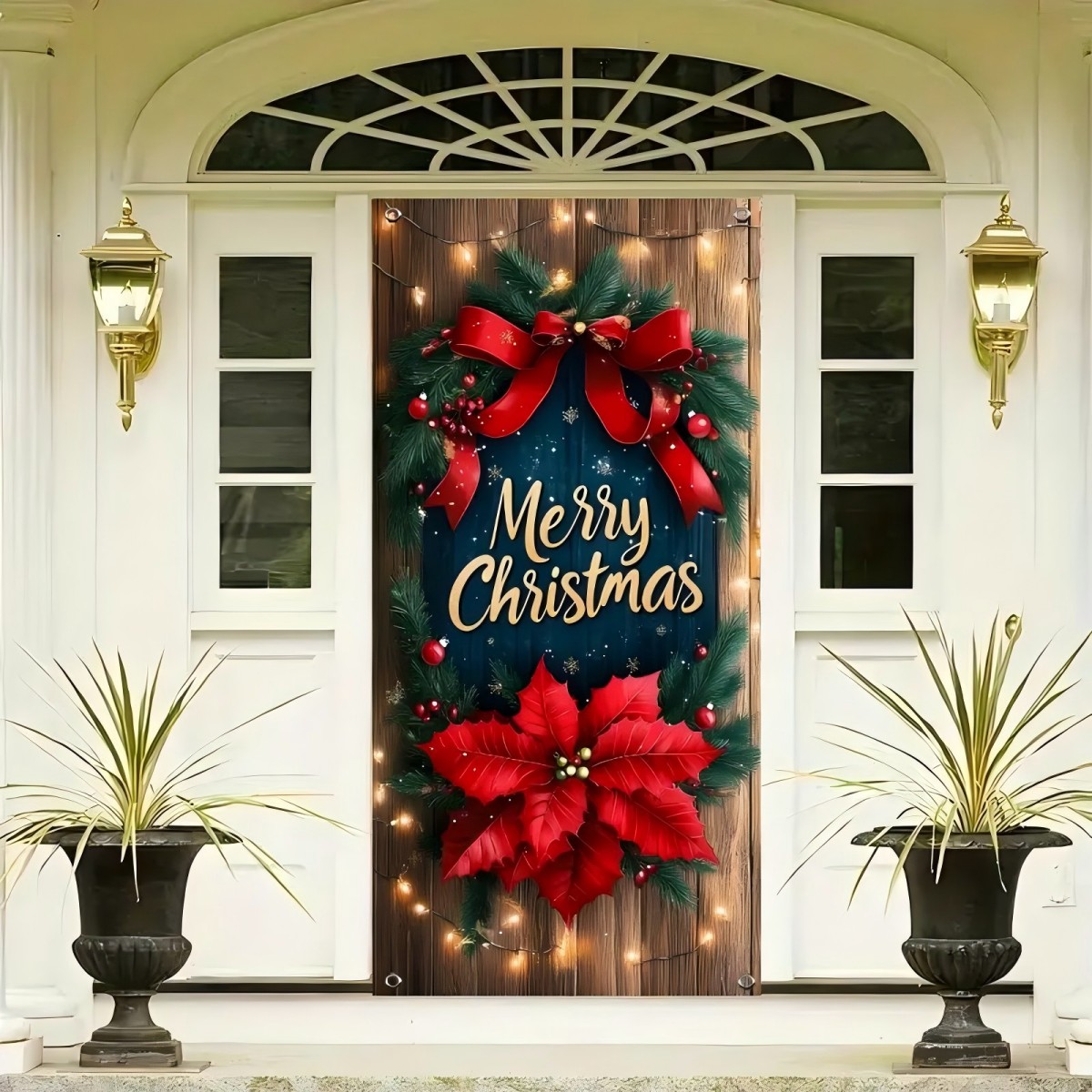 Tegooe Festive Christmas Door Cover Banner - Wood Grain Wreath Red Poinsettia Polyester Holiday Decoration Photo Backgroun...