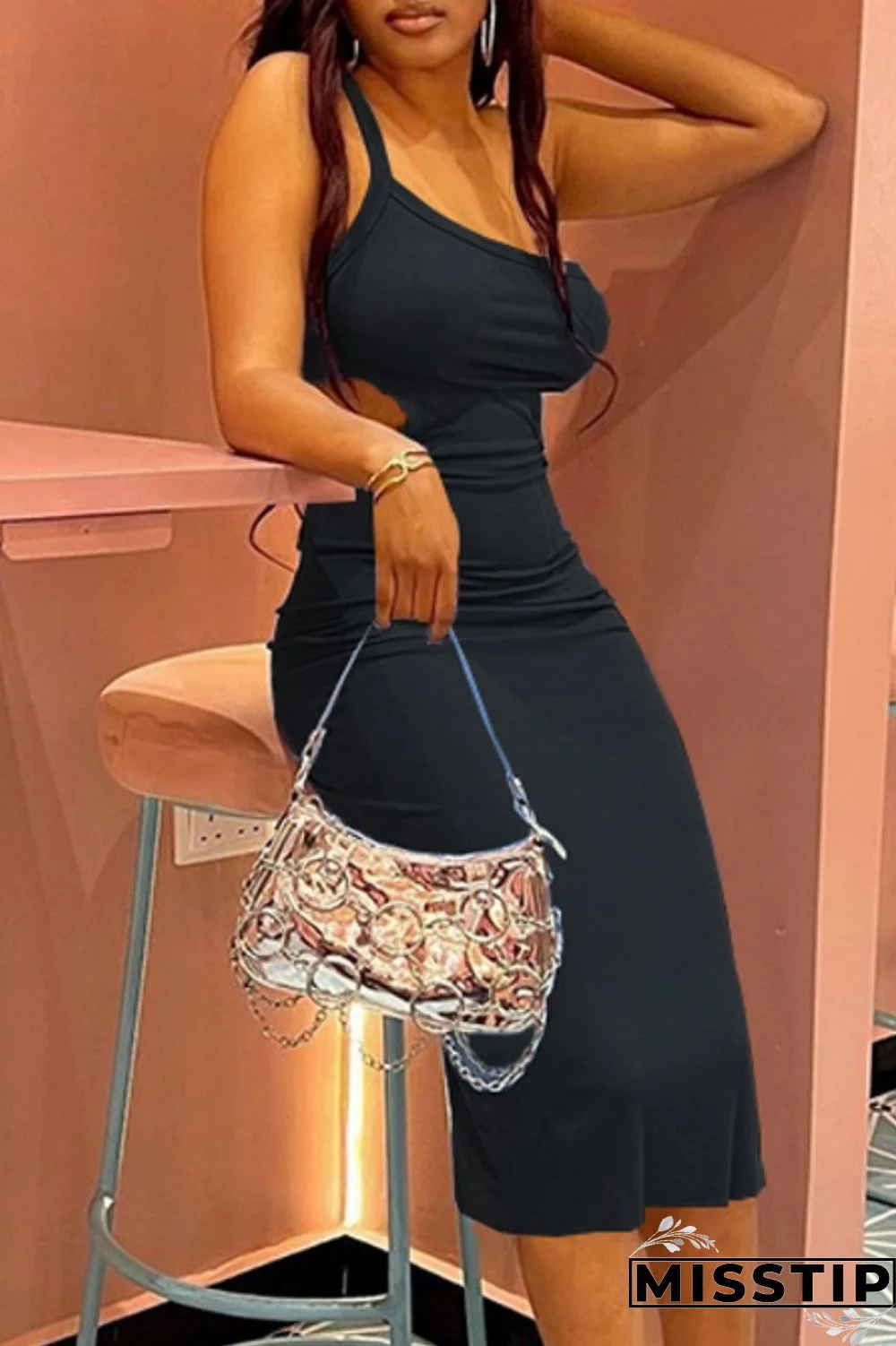 Black Sexy Solid Hollowed Out Backless Spaghetti Strap Sleeveless Dress Dresses