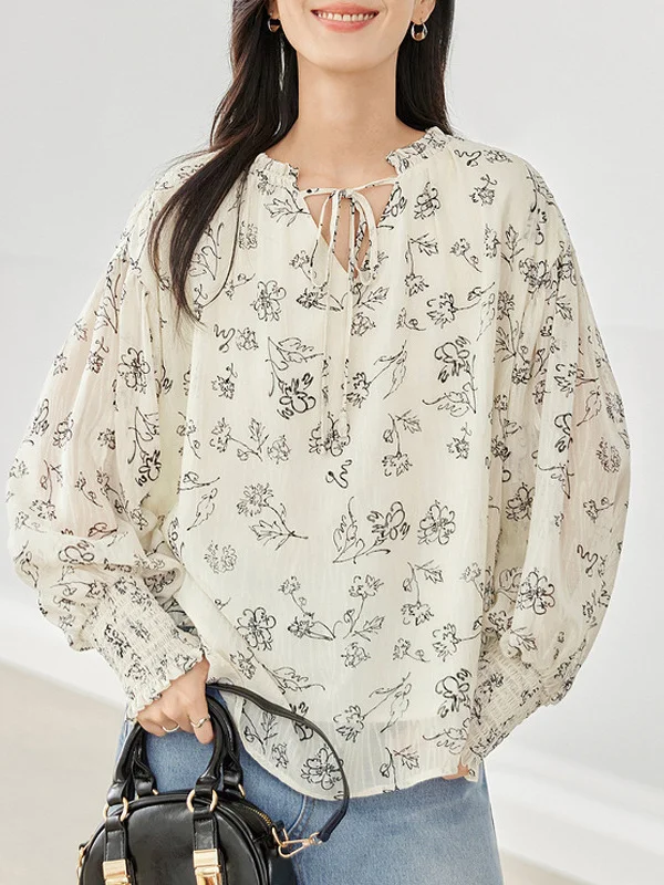 Athvotar Athvotar Elegant Wood-Eared Chiffon Shirt Women's New High-End Print Thin Comfortable Tops In Spring 2025