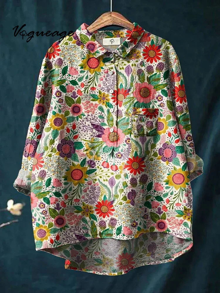 Colorful And Fashionable Plants And Flowers Print Cotton And Linen Shirt