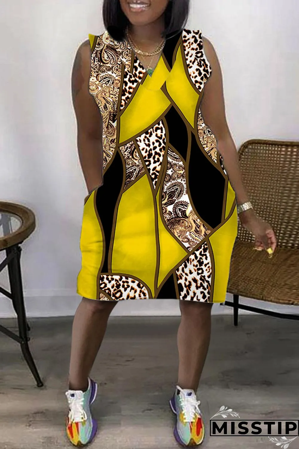 Purple Casual Print Patchwork V Neck Sleeveless Dress Dresses