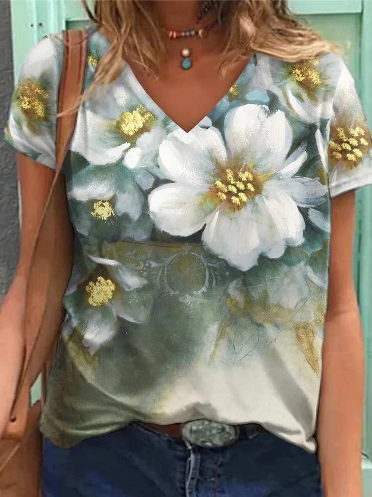 Women's Short Sleeve V-neck Graphic Floral Printed Top