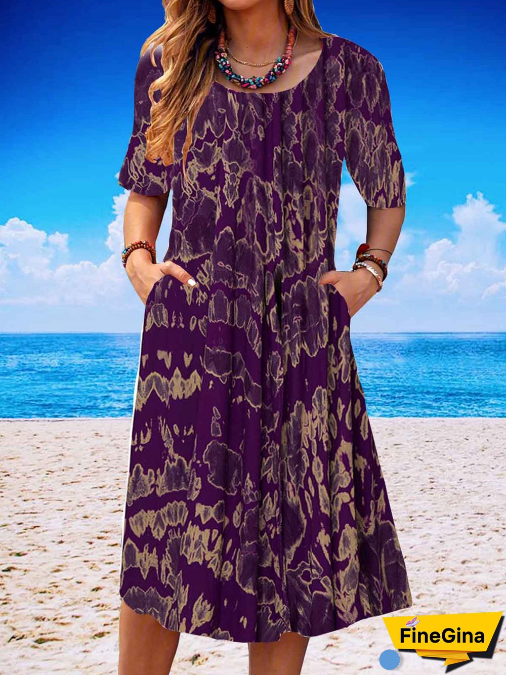 Women's Stylish Floral Print Short Sleeves Round Neck Pockets MIDI Dress