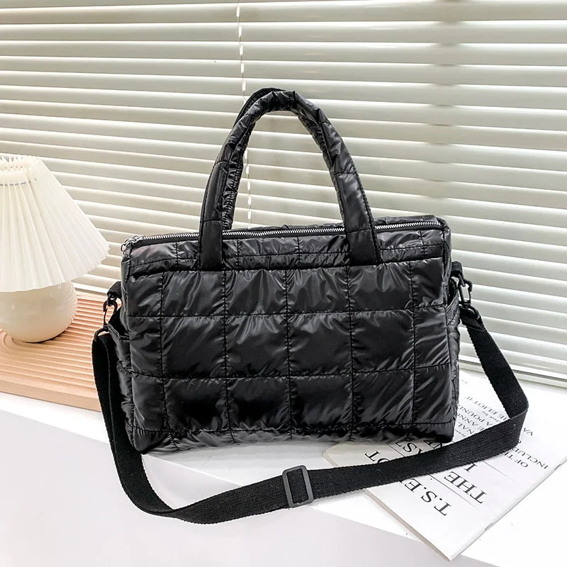 Nylon Waterproof Grid Soft Bucket Crossbody Shoulder Bag for Women 2021 Winter Padded Handbags Kawaii Totes With Short Handle