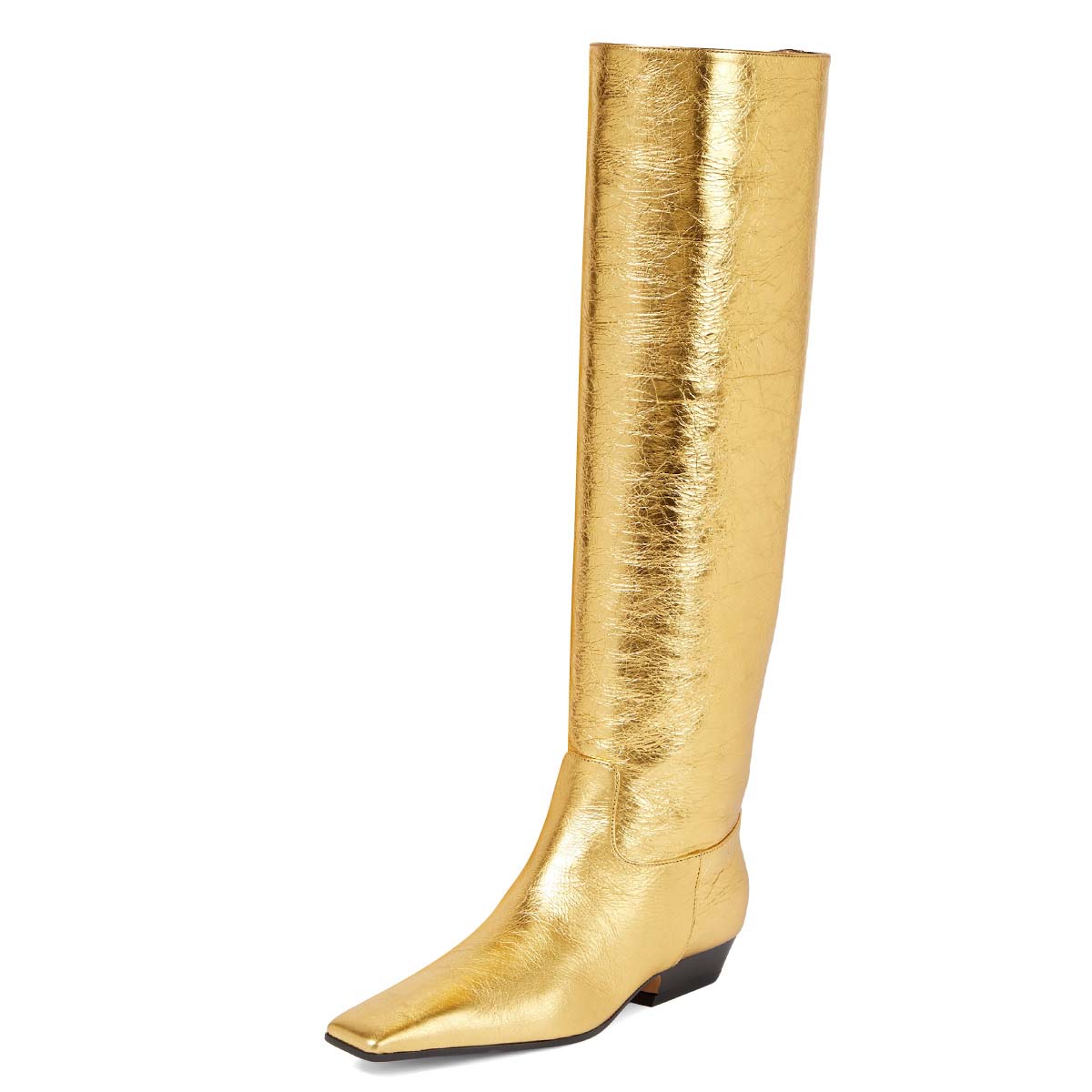 Gold Metallic Low Heel Knee High Boots for Women with Square Toe Nicepairs