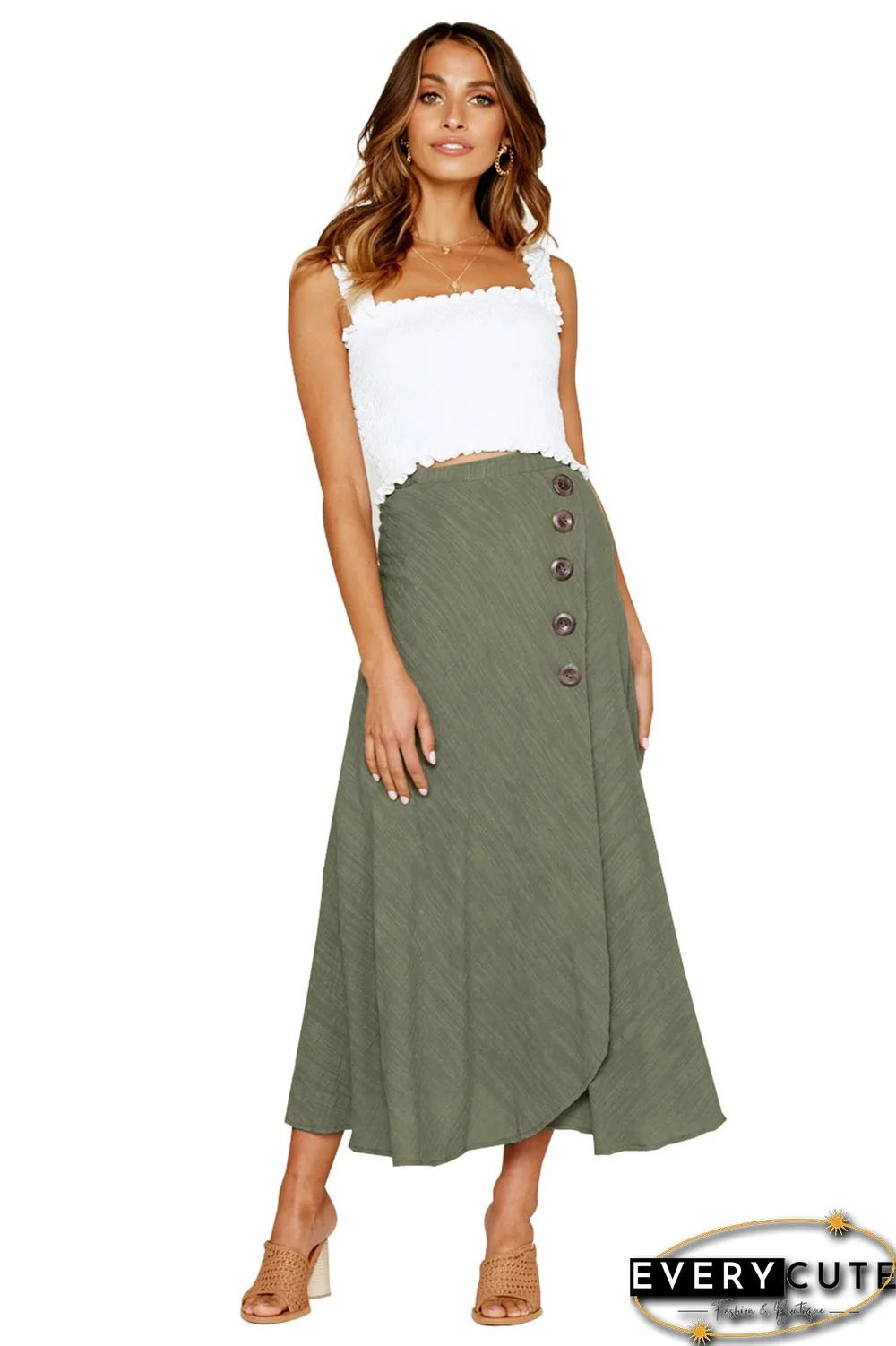 Green Buttoned Maxi Skirt