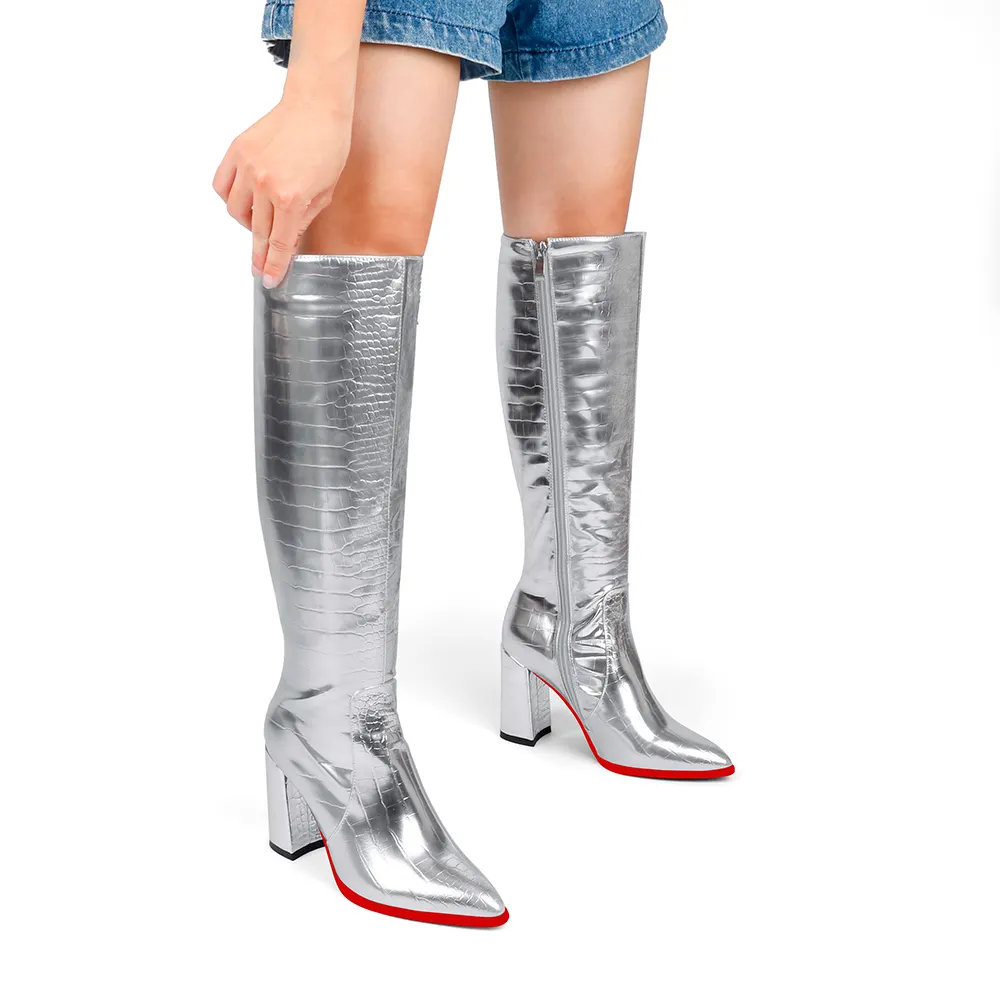 95mm/3.75 inches Fashionable zipper crocodile pattern high heels knee-high boots thick heel pointed toe red bottom boots-vocosishoes