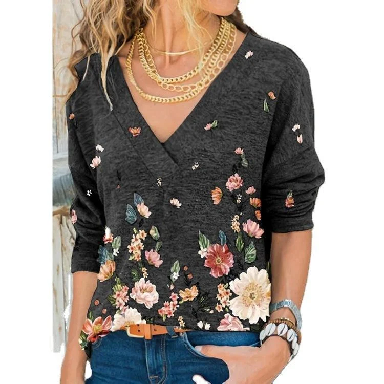 V-Neck Flower Printed Long-Sleeved Shirt