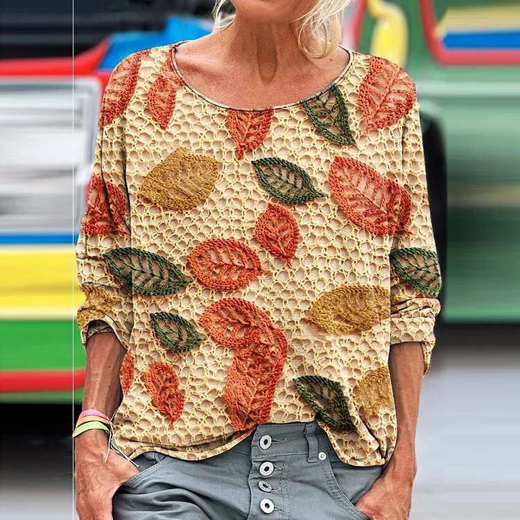 Women's Fall Autumn Season Leaves Pattern Print Long Sleeve T-Shirt