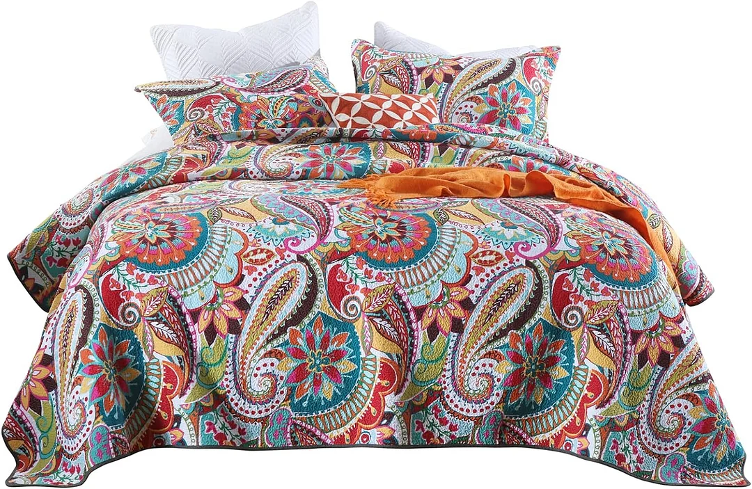 Qucover King Quilt Bedding Set, Gorgeous Paisley Pattern Bedspreads King Size, Colorful Red, Orange and Blue, Soft Cotton Lightweight Boho Quilt King, with Pillow Shams, All Seasons