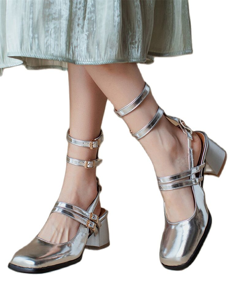 GOOSHOE Soft Patent Leather Solid Color Sandals Women's Thick Heel Baotou High Heel Women's Shoes Large Size